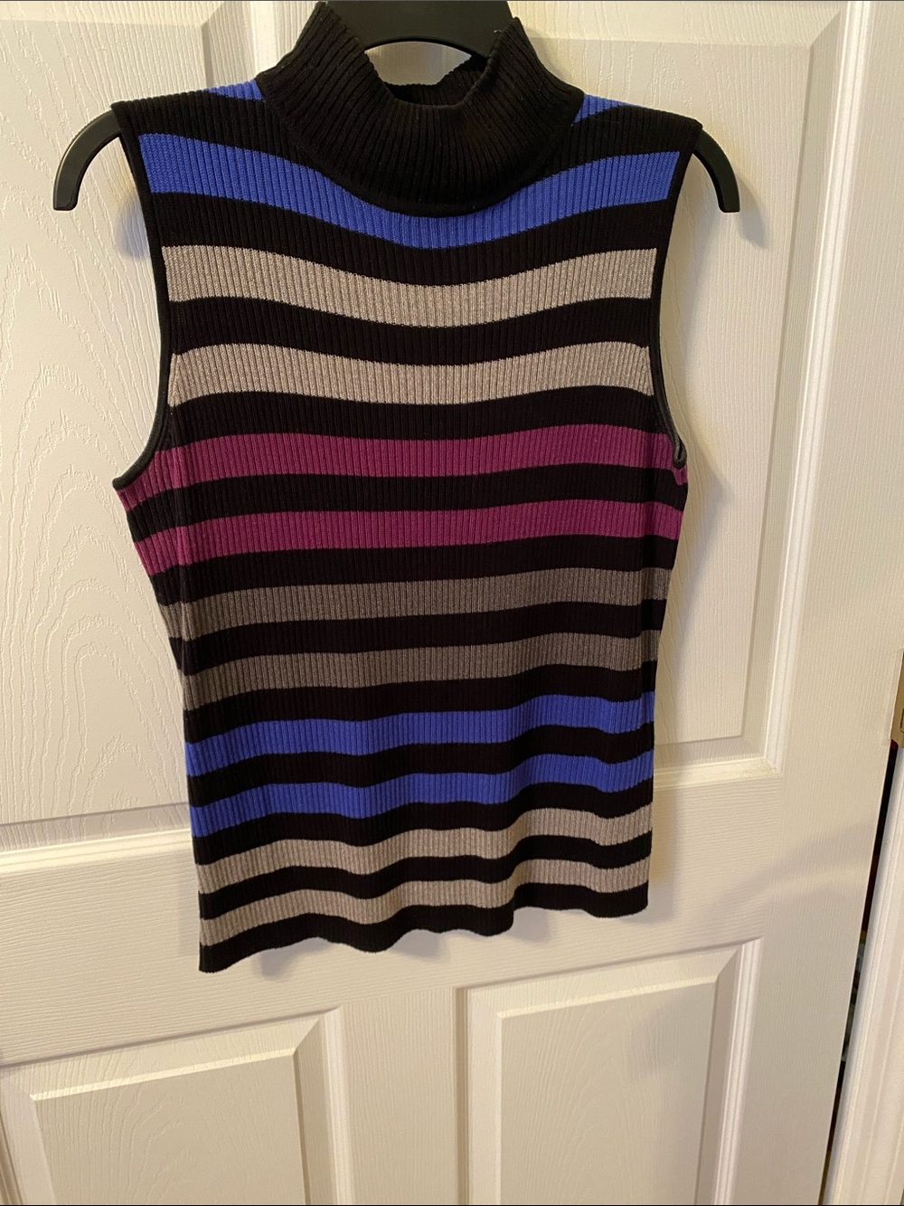 Sleeveless Striped Turtleneck Tank - Black, Blue, Gray, Purple